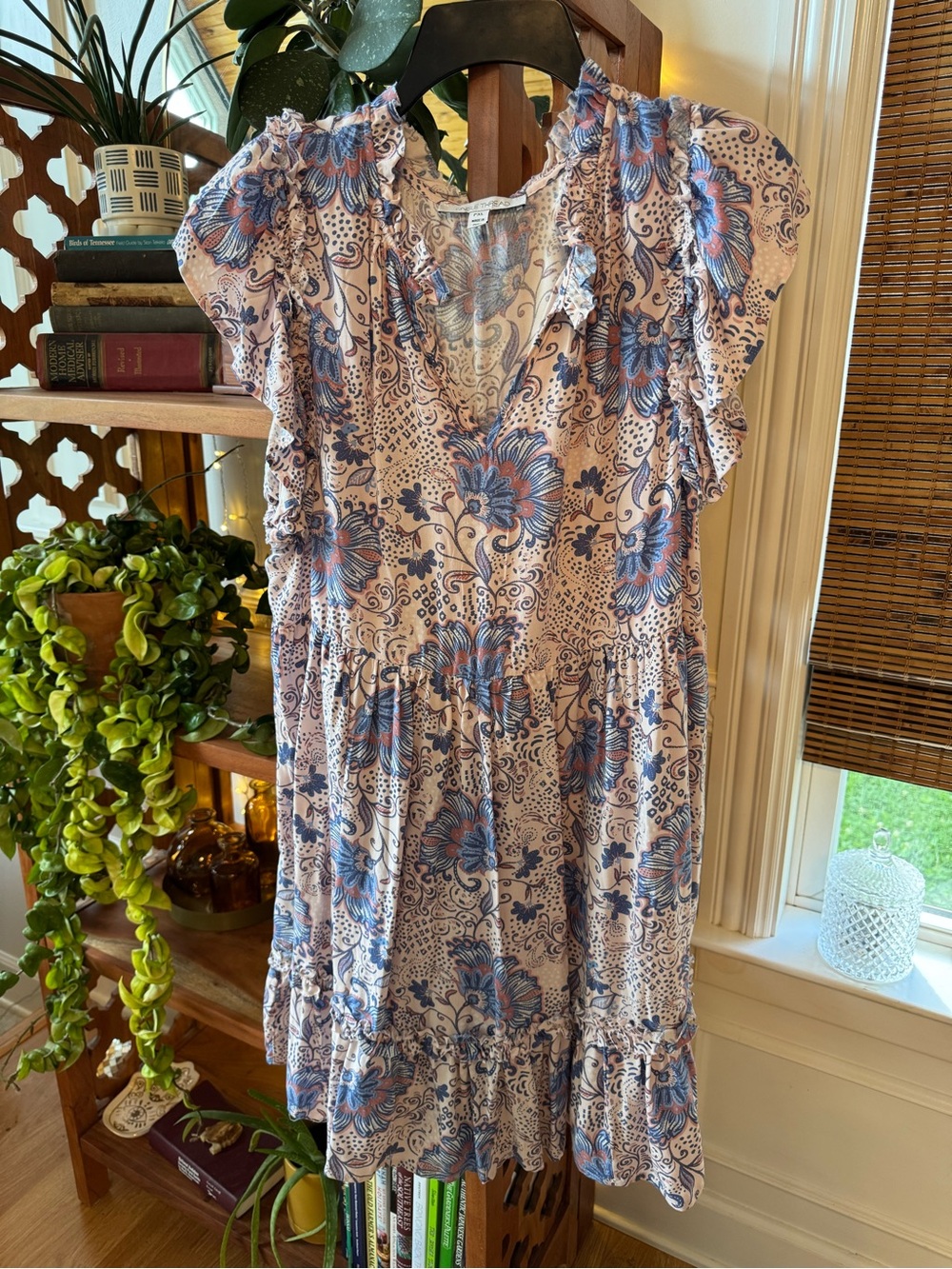 Floral V-Neck Ruffle Sleeve Dress - Blue/Pink